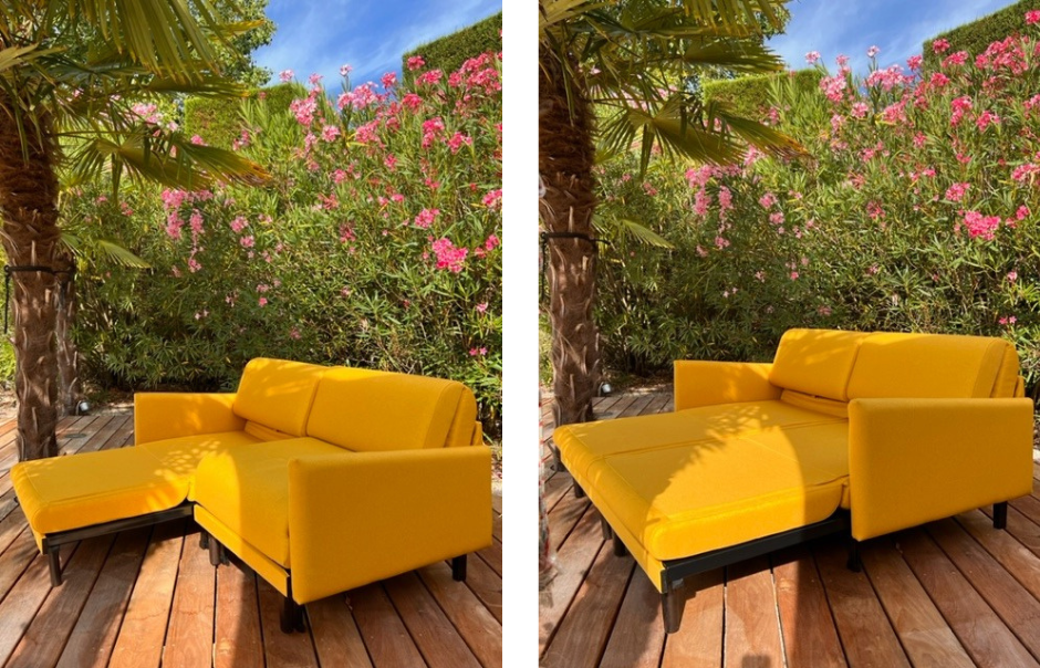 Likoolis canapé convertible français en tissus jaune, méridienne relax, extérieur, intérieur.